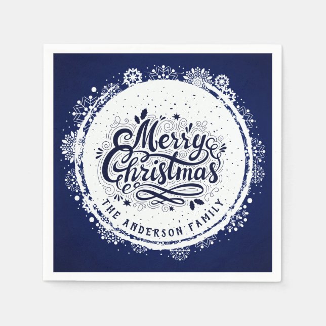 Navy Blue & White Minimal Elegant Merry Chirtsmas Napkin (Front)