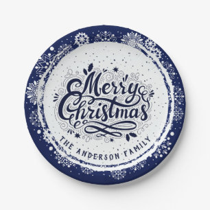 Navy Blue & White Minimal Elegant Merry Christmas Paper Plate