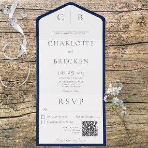 Navy Blue & White Minimal Monogram QR Code All In One Invitation
