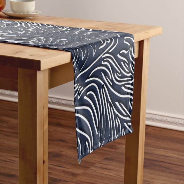 Navy Blue & White Modern Abstract Linear Pattern Medium Table Runner (In Situ)