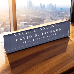 Navy Blue White Modern Elegant Professional Classy Nameplate