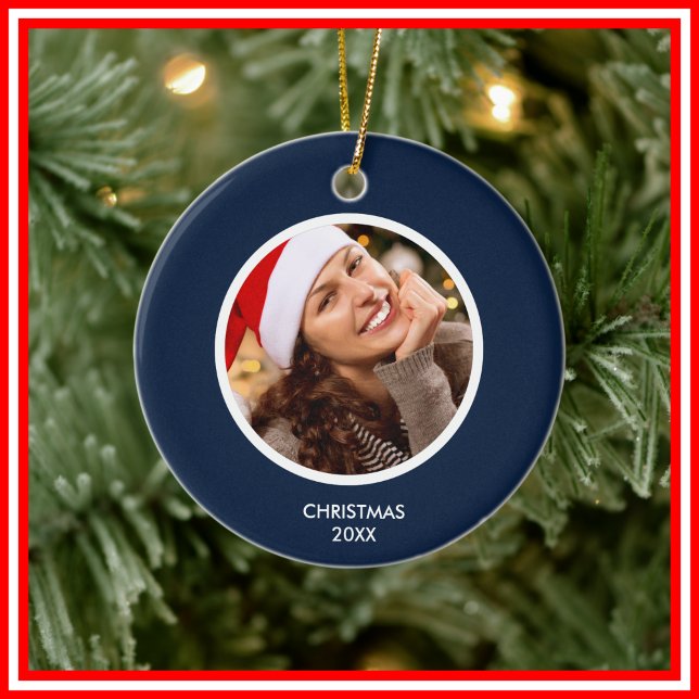 Navy Blue & White | Modern Initials Monogram PHOTO Ceramic Ornament (Navy Blue & White | Modern Initials Monogram PHOTO Ceramic Ornament)