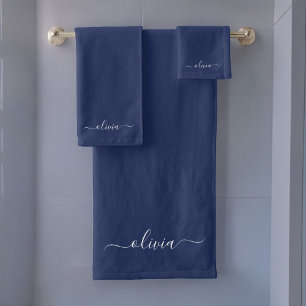 Navy Blue White Modern Script Girly Monogram Name Bath Towel Set
