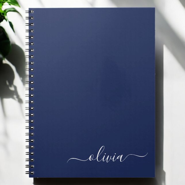 Navy Blue White Modern Script Girly Monogram Name Notebook (Creator Uploaded)