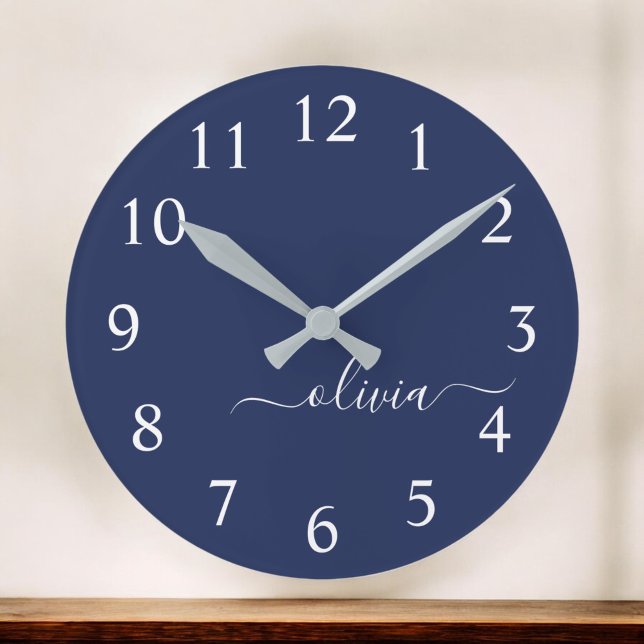 Navy Blue White Modern Script Girly Monogram Name Round Clock (Creator Uploaded)