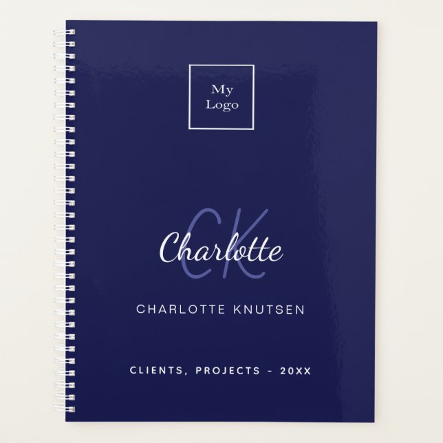 Navy blue white monogram business logo planner (Front)