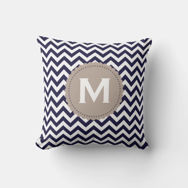 Navy Blue White Monogram Chevron Pattern Cushion (Front)