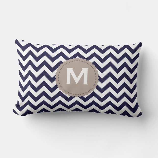 Navy Blue White Monogram Chevron Pattern Lumbar Cushion (Front)