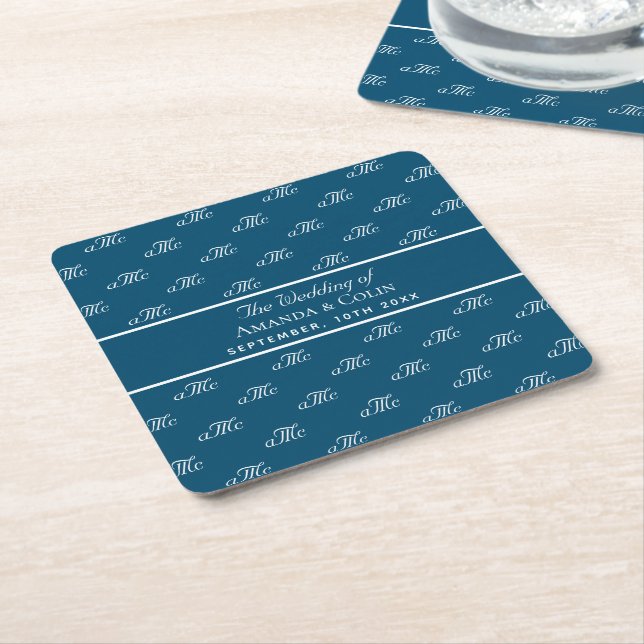 Navy Blue white monogram couple initials wedding Square Paper Coaster (Angled)