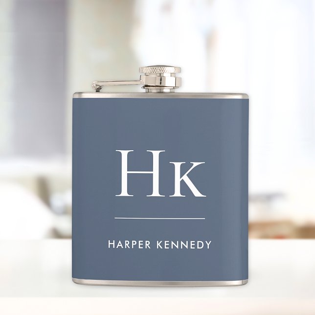 Navy Blue White Monogram Elegant Personalised  Hip Flask (Creator Uploaded)