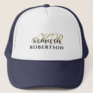 Navy Blue White Monogram Gold Black Minimalist Men Trucker Hat