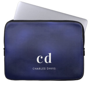 Navy blue white monogram initails name laptop sleeve