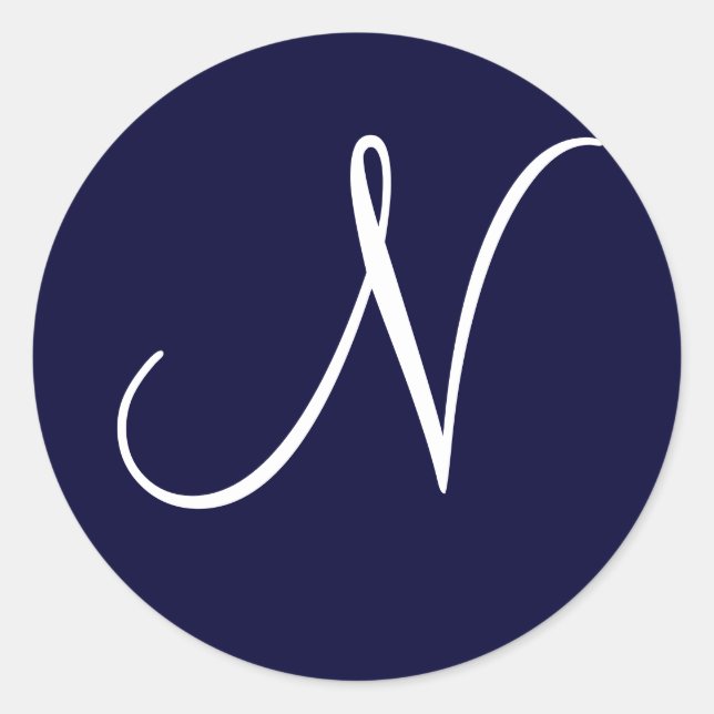 Navy Blue & White Monogram Initial "N" Classic Round Sticker (Front)