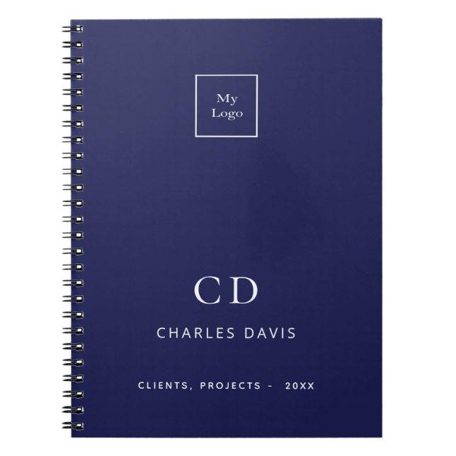 Navy blue white monogram initials business logo notebook (Front)