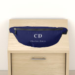 Navy blue white monogram initials name bum bags<br><div class="desc">Navy blue background,  white text. Personalise and add your monogram initials and full name.</div>