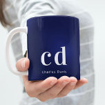 Navy blue white monogram initials name coffee mug<br><div class="desc">A navy blue background. The blue colour is uneven. Personalise and add a name and monogram initials (x3). The name is written in white with modern block letters.</div>