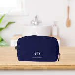 Navy blue white monogram initials name dopp kit<br><div class="desc">Navy blue background,  white text. Personalise and add your monogram initials and full name.</div>