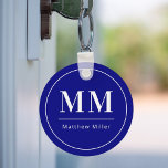 Navy blue white monogram initials name minimalist  key ring<br><div class="desc">A navy blue background,  white text. With a white frame. Personalise and add your monogram initials and name.  For both him and her.</div>