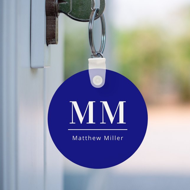 Navy blue white monogram initials name minimalist  key ring (Creator Uploaded)
