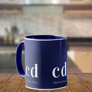 Navy blue white monogram initials name mug