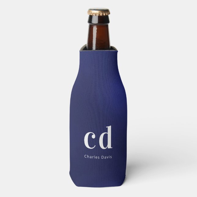 Navy blue white monogram initials name nautical bottle cooler (Bottle Front)