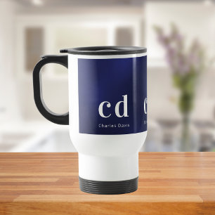 Navy blue white monogram initials name travel mug