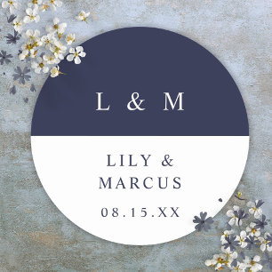 Navy Blue White Monogram Minimalist Wedding Favour Classic Round Sticker