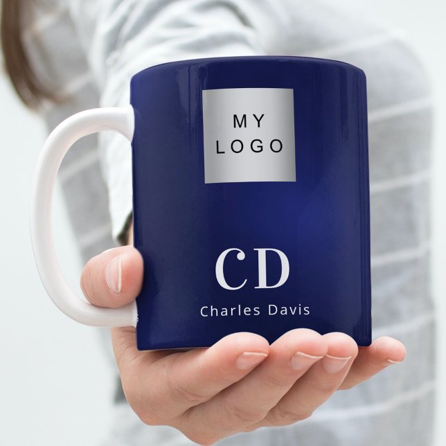Navy blue white monogram name business logo coffee mug (Creator Uploaded)