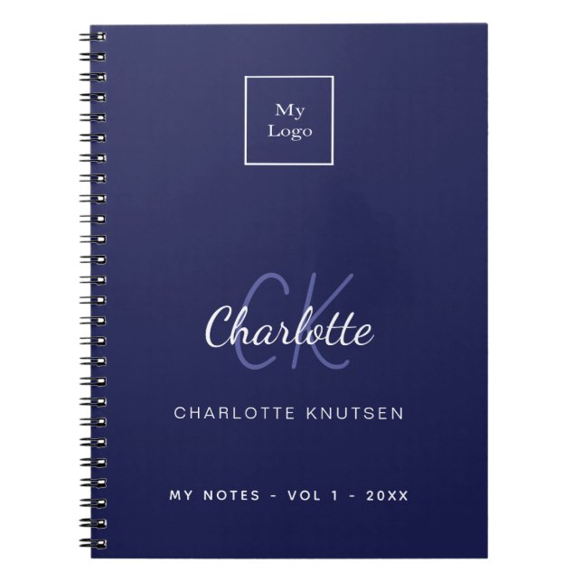 Navy blue white monogram name business logo notebook (Front)