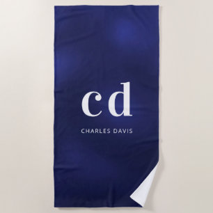 Navy blue white monogram name initials beach towel