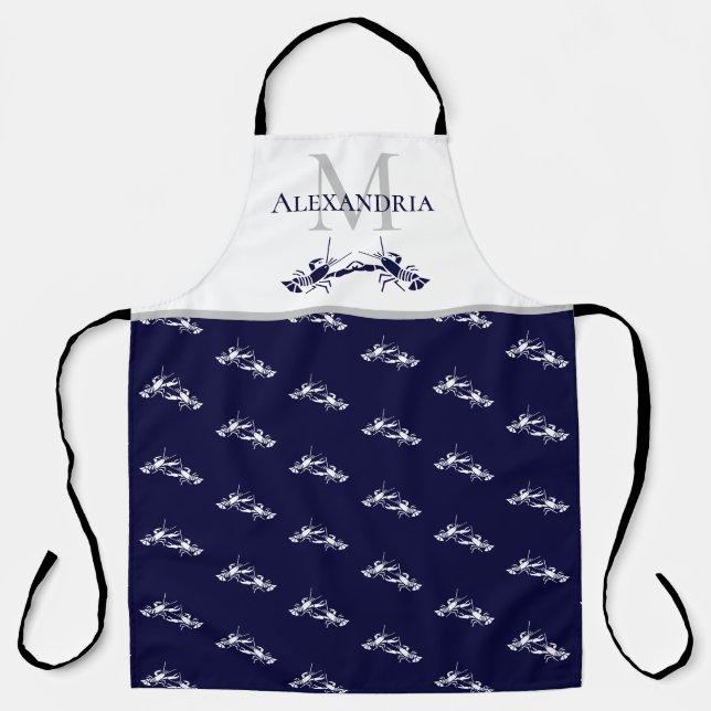 Navy Blue White Monogram Name Lobster Pattern Apron (Front)