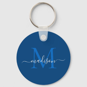 Navy Blue White Monogram Name Modern Girly Script Key Ring