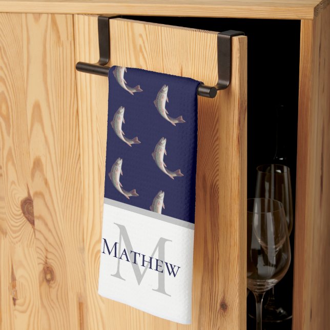Navy Blue White Monogram name Trout pattern Tea Towel (Thirds Fold)