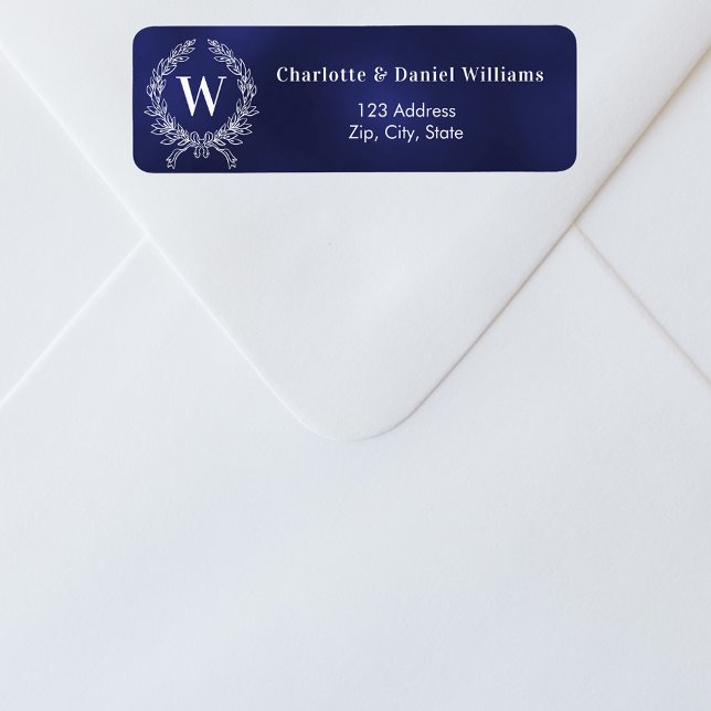 Navy blue white monogram wreath return address label (Creator Uploaded)