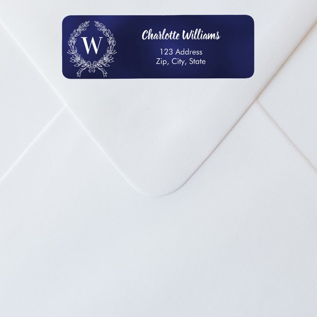 Navy blue white monogram wreath return address label (Creator Uploaded)