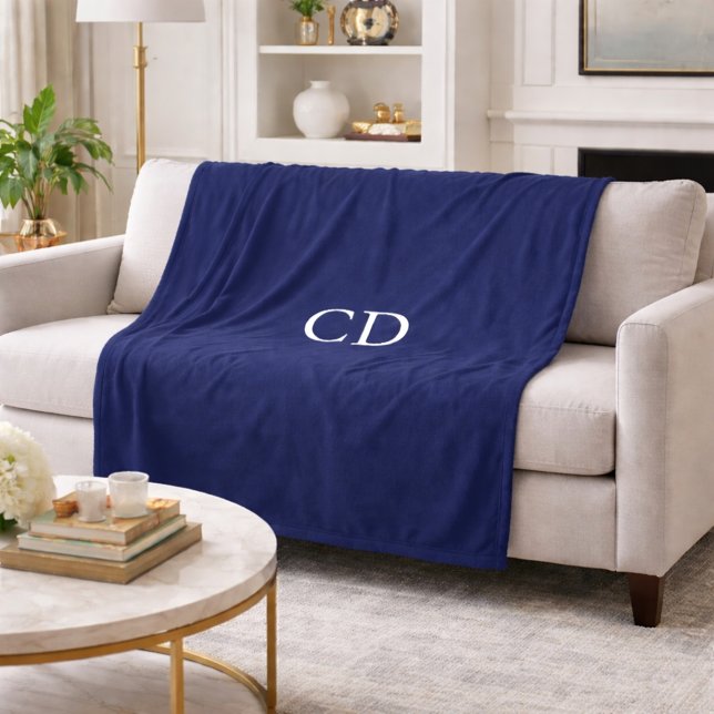 Navy blue white monogrammed initials modern fleece blanket (Creator Uploaded)
