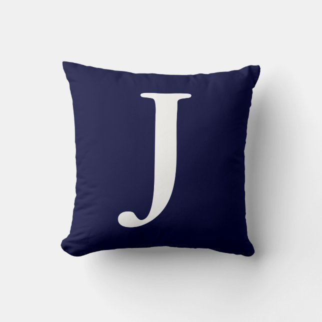 Navy Blue White Monogrammed J Throw Pillow (Front)