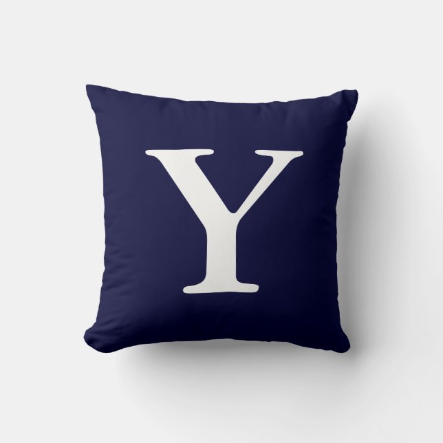 Navy Blue White Monogrammed Y Throw Pillow (Front)
