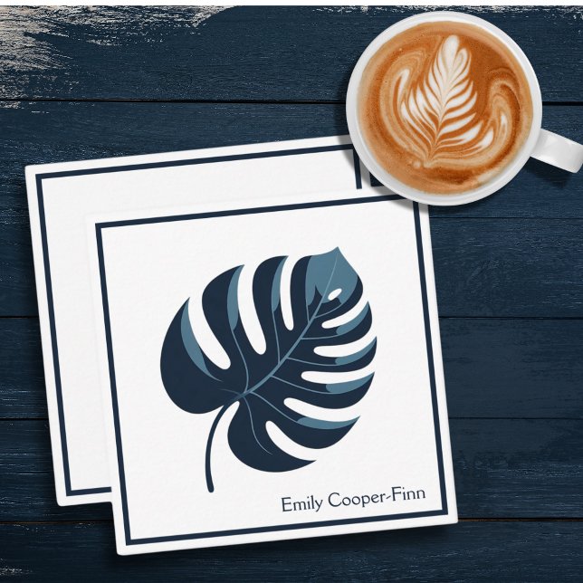 Navy Blue & White Monstera Leaf Flat Note Card (Creator Uploaded)