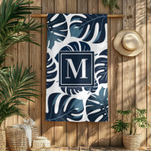 Navy Blue & White Monstera Monogram Beach Towel