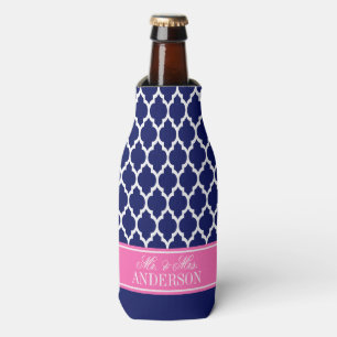 Navy Blue White Moroccan #4 Hot Pink Name Wedding Bottle Cooler