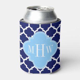 Navy Blue White Moroccan #5 Sky Blue Name Monogram Can Cooler