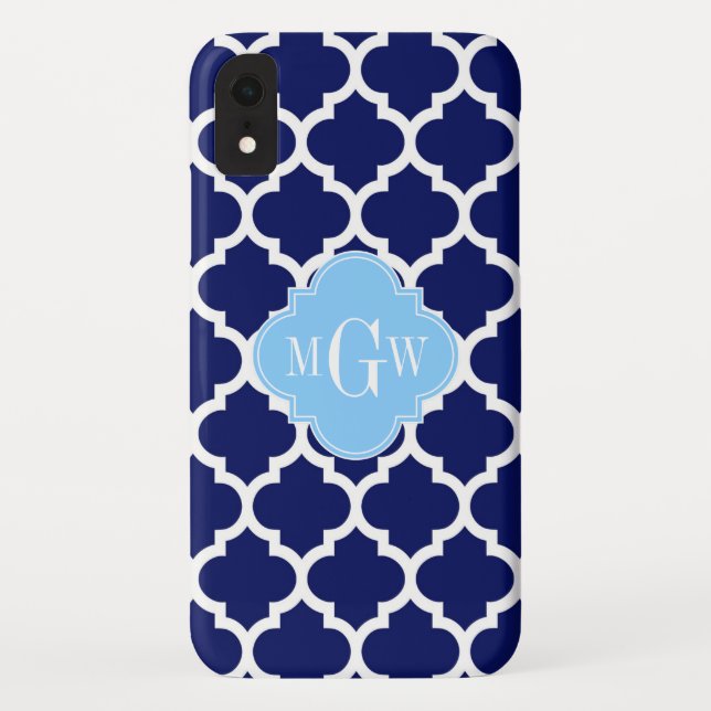 Navy Blue White Moroccan #5 Sky Blue Name Monogram Case-Mate iPhone Case (Back)