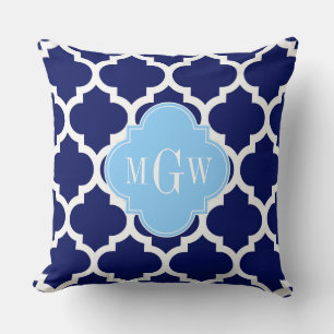 Navy Blue White Moroccan #5 Sky Blue Name Monogram Cushion