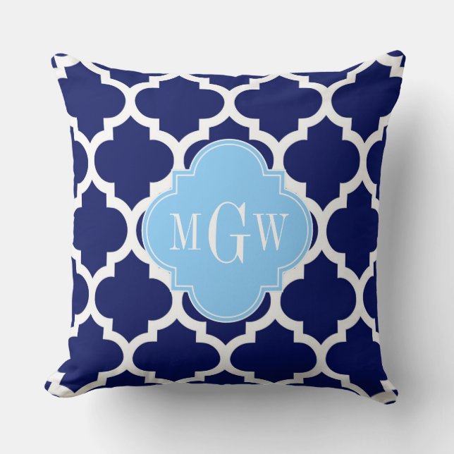 Navy Blue White Moroccan #5 Sky Blue Name Monogram Cushion (Front)