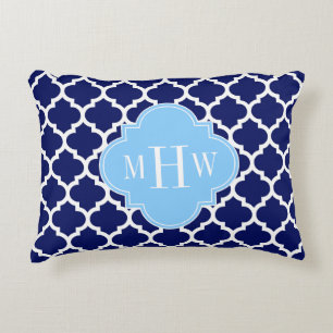 Navy Blue White Moroccan #5 Sky Blue Name Monogram Decorative Cushion