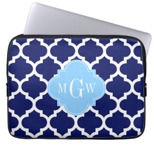 Navy Blue White Moroccan #5 Sky Blue Name Monogram Laptop Sleeve