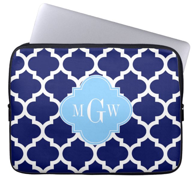 Navy Blue White Moroccan #5 Sky Blue Name Monogram Laptop Sleeve (Front)