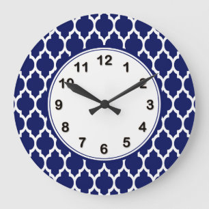 Navy Blue White Moroccan Quatrefoil Pattern #4 Large Clock