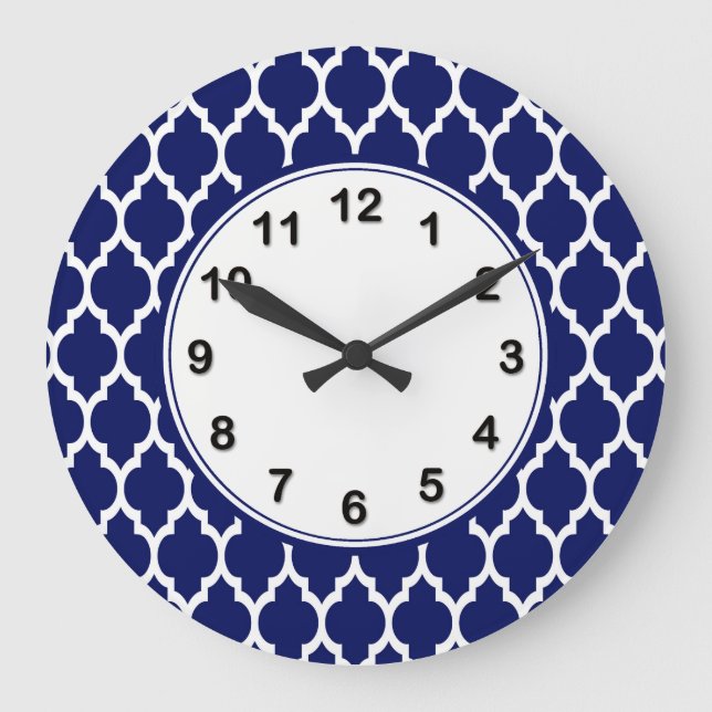 Navy Blue White Moroccan Quatrefoil Pattern #4 Large Clock (Front)